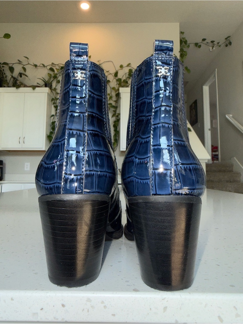 Sam Edelman Navy Croc-Embossed Patent Ankle Booties - Picture 5 of 14